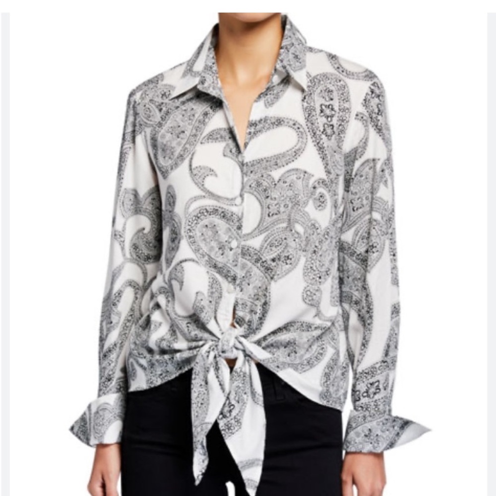 FINLEY BLACK AND WHITE PAISLEY TIE FRONT BUTTON DOWN LONG SLEEVE TOP BLOUSE SZ M